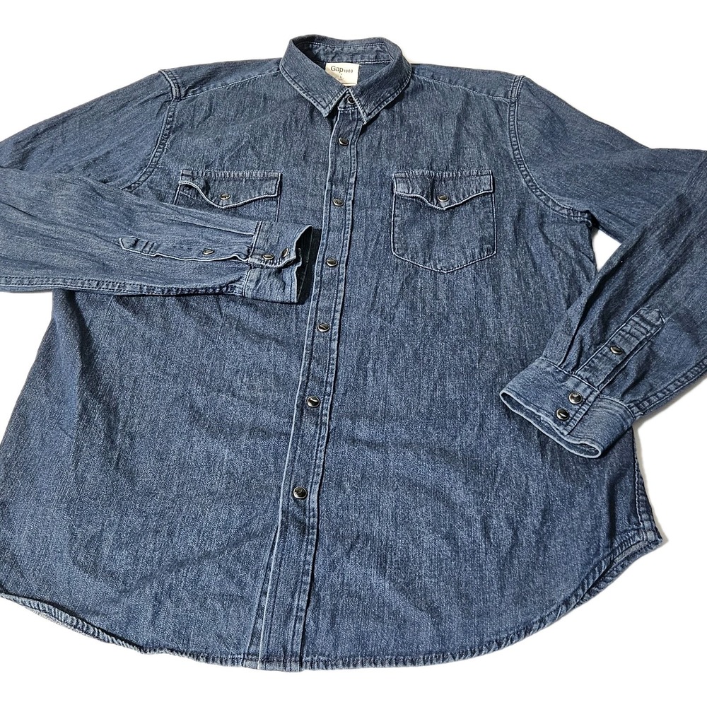 Gap 1969 Denim Shirt - Slim Fit Pearl Snap XL Blue Jeans EUC Western
